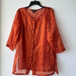 Vintage MDL Orange Button Up Blouse Sheer Wrinkle Effect Lagenlook Womens 6 USA